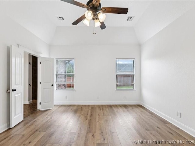 19345 S Fieldstone Dr E, Claremore, OK 74017 - unfurnished bedroom featuring lofted ceiling, multiple windows, light wood-style flooring, and ceiling fan