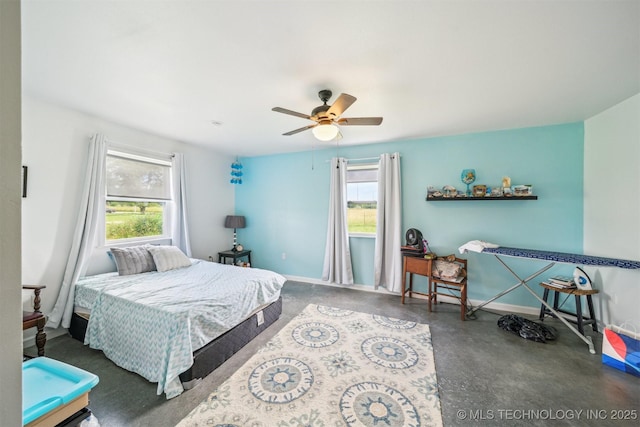 5499 S 4240th Rd, Chelsea, OK 74016 - bedroom with concrete flooring and a ceiling fan