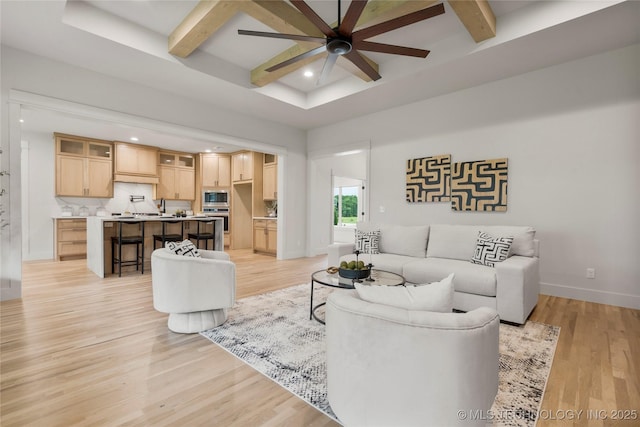 2048 E 128th Pl S, Jenks, OK 74037 - living room with ceiling fan, light wood-style flooring, beam ceiling, recessed lighting, and coffered ceiling