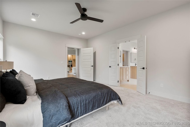2048 E 128th Pl S, Jenks, OK 74037 - bedroom featuring carpet floors, recessed lighting, ensuite bath, and ceiling fan