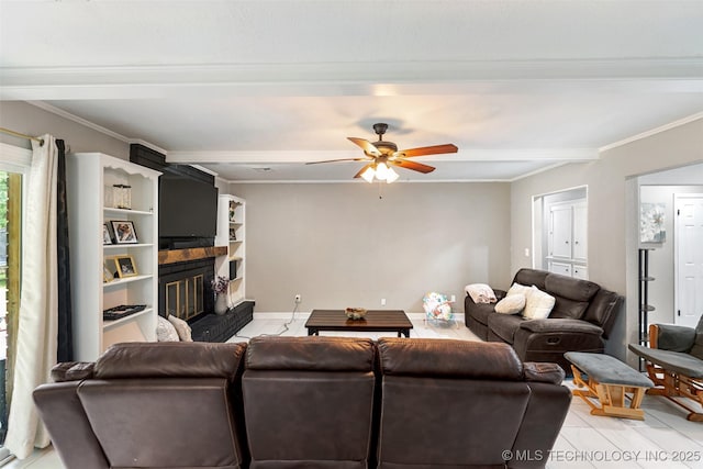 9667 E 27th St, Tulsa, OK 74129 - living area with ornamental molding, a ceiling fan, a fireplace, and light tile patterned floors