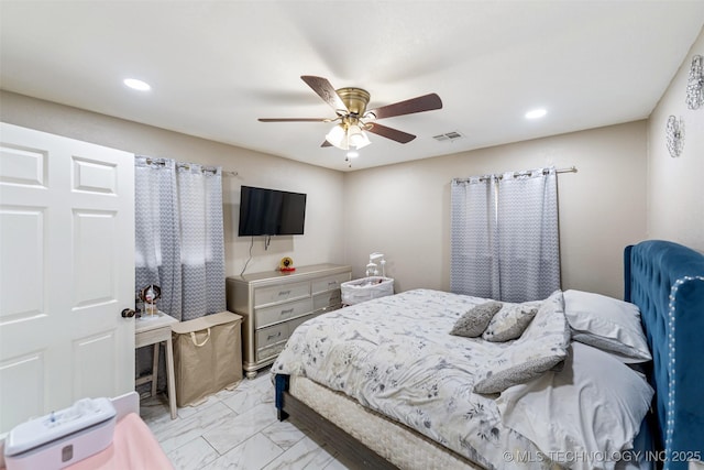9667 E 27th St, Tulsa, OK 74129 - bedroom featuring light marble finish flooring, recessed lighting, and ceiling fan