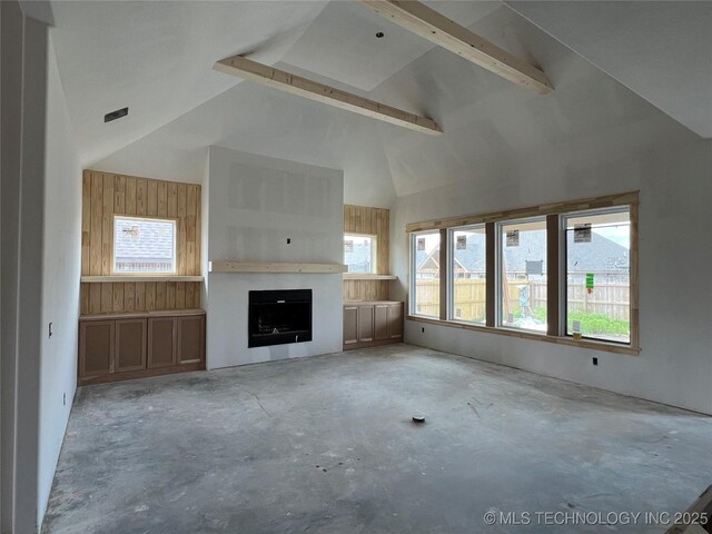 23191 E 107th St, Broken Arrow, OK 74014 - unfurnished living room with concrete floors, high vaulted ceiling, healthy amount of natural light, a fireplace, and beam ceiling