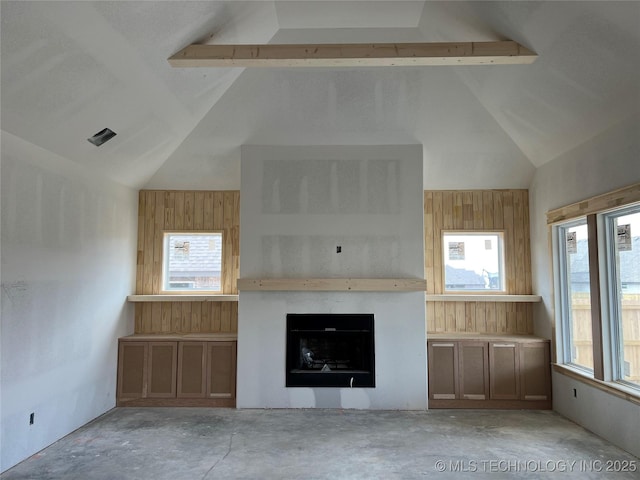 23191 E 107th St, Broken Arrow, OK 74014 - unfurnished living room featuring unfinished concrete flooring, a fireplace, high vaulted ceiling, and beam ceiling