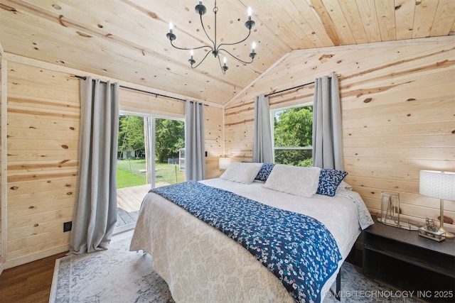 8620 N 155th Rd, Beggs, OK 74421 - bedroom with wood walls, wooden ceiling, access to exterior, lofted ceiling, and wood finished floors