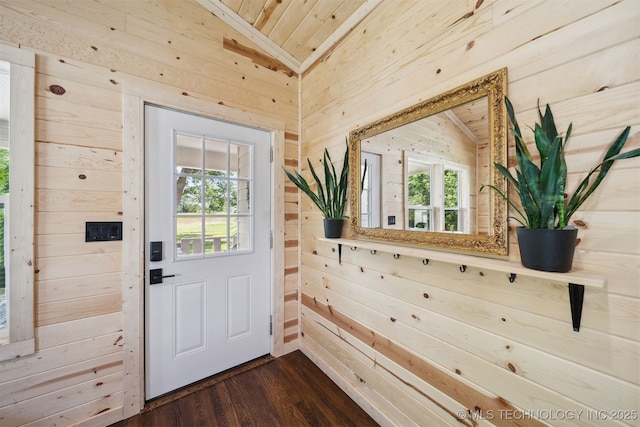 8620 N 155th Rd, Beggs, OK 74421 - doorway to outside featuring wooden walls, wood ceiling, lofted ceiling, healthy amount of natural light, and dark wood-style flooring
