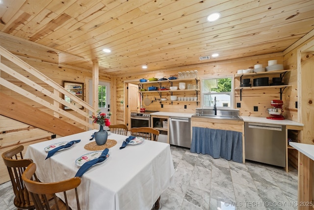 8620 N 155th Rd, Beggs, OK 74421 - dining room featuring wooden ceiling, recessed lighting, plenty of natural light, wooden walls, and stairway