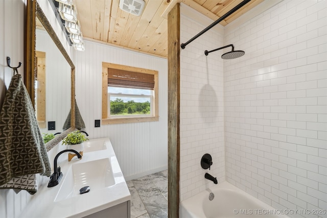 8620 N 155th Rd, Beggs, OK 74421 - bathroom featuring wooden ceiling, shower / washtub combination, and double vanity