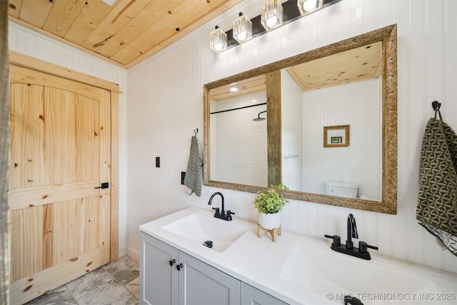 8620 N 155th Rd, Beggs, OK 74421 - full bathroom featuring double vanity, marble look tiles, a shower, crown molding, and wooden ceiling
