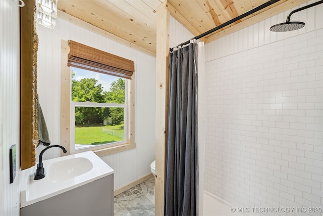 8620 N 155th Rd, Beggs, OK 74421 - bathroom featuring marble look tile flooring, a shower with curtain, wood ceiling, and vanity