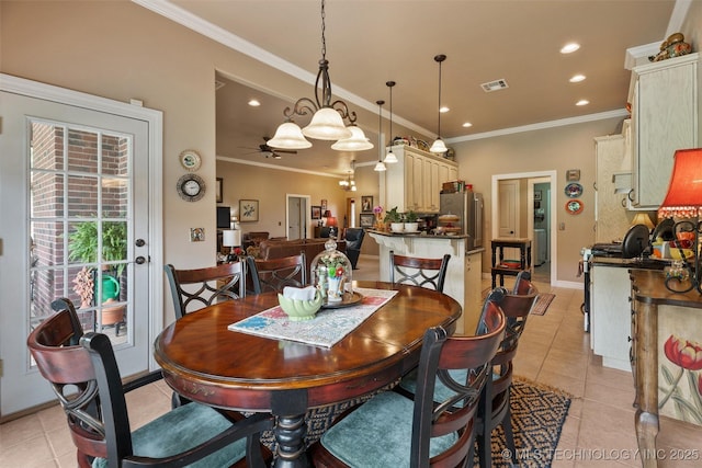 18 Longacre Dr, Ramona, OK 74061 - dining area featuring light tile patterned floors, crown molding, recessed lighting, and a ceiling fan