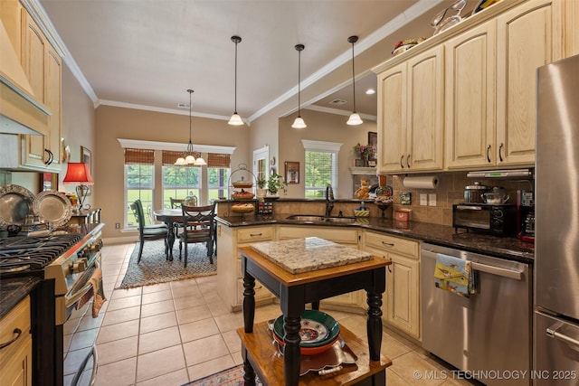 18 Longacre Dr, Ramona, OK 74061 - kitchen with appliances with stainless steel finishes, custom exhaust hood, light tile patterned flooring, a chandelier, and a peninsula
