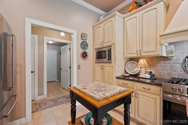18 Longacre Dr, Ramona, OK 74061 - kitchen featuring custom exhaust hood, stainless steel appliances, ornamental molding, tasteful backsplash, and light tile patterned floors