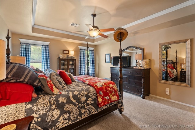 18 Longacre Dr, Ramona, OK 74061 - bedroom featuring carpet flooring, ceiling fan, a raised ceiling, and crown molding