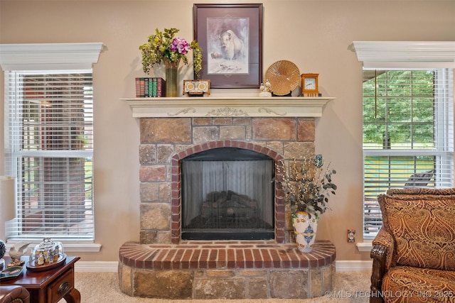 18 Longacre Dr, Ramona, OK 74061 - detailed view of carpet and a fireplace with raised hearth
