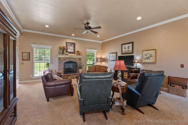 18 Longacre Dr, Ramona, OK 74061 - living room featuring light colored carpet, a ceiling fan, recessed lighting, a fireplace, and crown molding