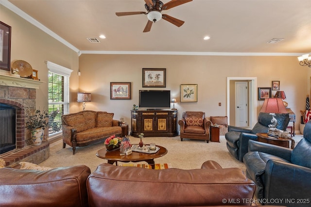 18 Longacre Dr, Ramona, OK 74061 - carpeted living area featuring crown molding, a fireplace with raised hearth, a ceiling fan, a chandelier, and recessed lighting