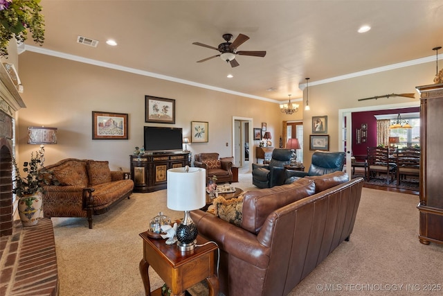 18 Longacre Dr, Ramona, OK 74061 - living room with carpet flooring, ceiling fan, ornamental molding, recessed lighting, and a chandelier