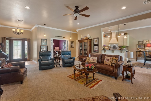 18 Longacre Dr, Ramona, OK 74061 - living room featuring light colored carpet, recessed lighting, a ceiling fan, a chandelier, and crown molding