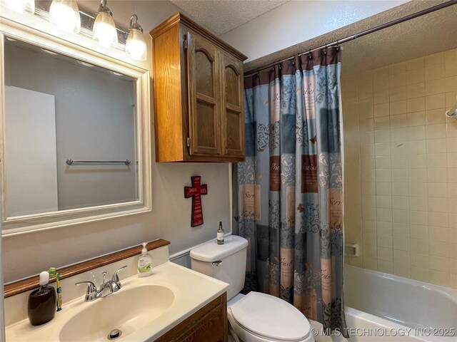 3800 S Narcissus Ave, Broken Arrow, OK 74011 - bathroom featuring vanity, a textured ceiling, and shower / bath combination with curtain