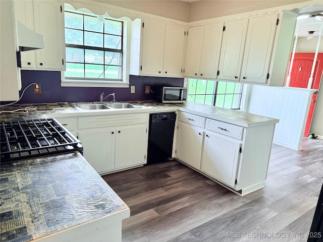 303 N 6th, Calera, OK 74730 - kitchen with dishwasher, under cabinet range hood, a peninsula, light wood-style floors, and white cabinetry