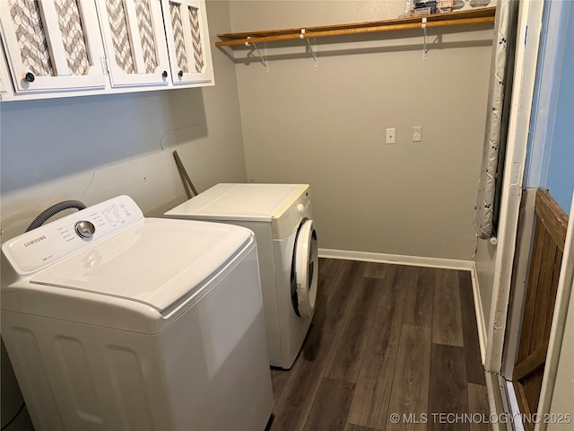 303 N 6th, Calera, OK 74730 - laundry area featuring washer and dryer, dark wood-style floors, and cabinet space