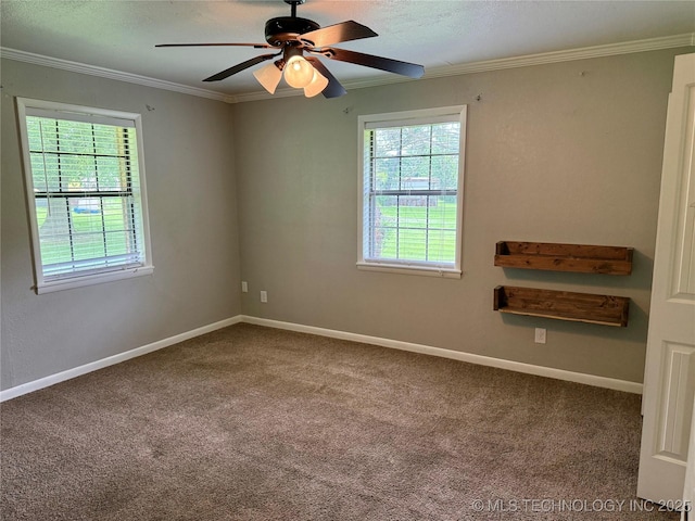 303 N 6th, Calera, OK 74730 - carpeted empty room with healthy amount of natural light, ornamental molding, and a ceiling fan