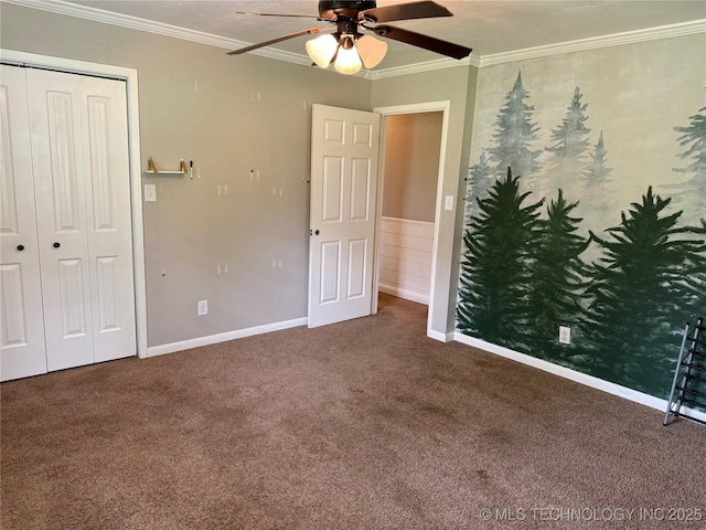 303 N 6th, Calera, OK 74730 - unfurnished bedroom featuring carpet flooring, ornamental molding, a closet, and a ceiling fan