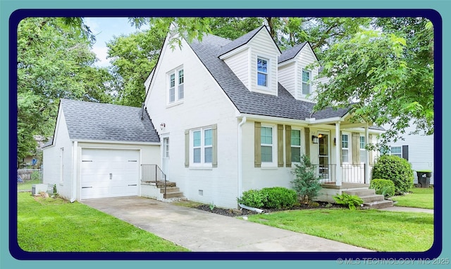 1312 S Oak, Ada, OK 74820 - new england style home with driveway, roof with shingles, a front lawn, and a garage