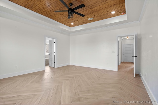 150 Chateau Bnd, Ardmore, OK 73401 - unfurnished room with a tray ceiling, wood ceiling, a ceiling fan, ornamental molding, and recessed lighting