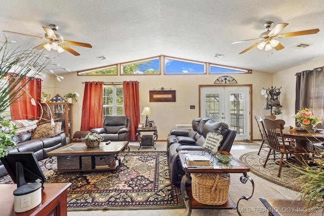 447247 E 70th Rd, Welch, OK 74369 - living area with a ceiling fan, lofted ceiling, and french doors