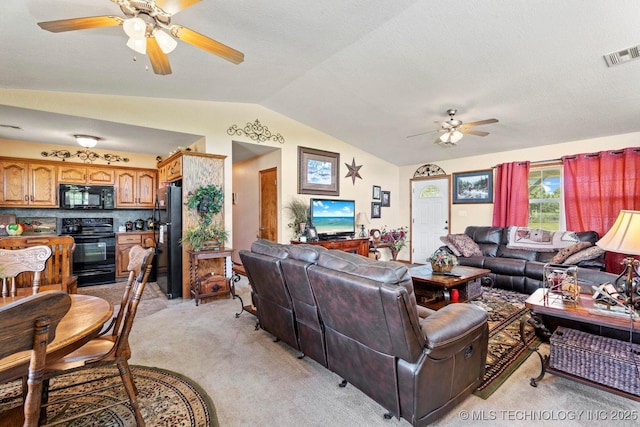 447247 E 70th Rd, Welch, OK 74369 - living room with ceiling fan, light colored carpet, and lofted ceiling