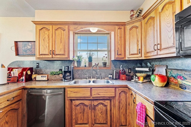 447247 E 70th Rd, Welch, OK 74369 - kitchen with dishwasher, black microwave, backsplash, and brown cabinetry