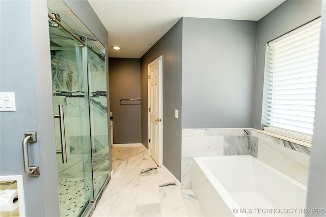 7224 NW 102nd, Oklahoma City, OK 73162 - full bath with a garden tub, marble finish floors, a marble finish shower, and recessed lighting