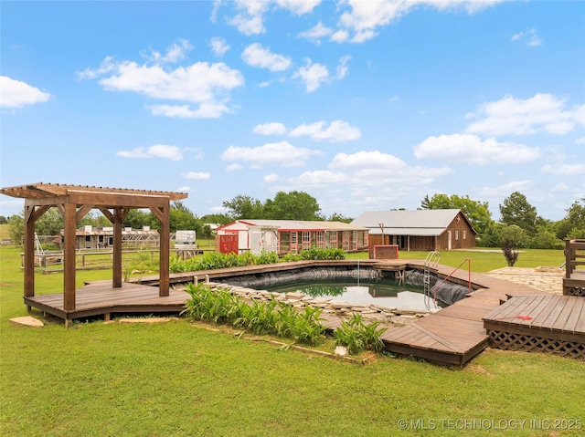 14820 Memorial, Wilson, OK 73463 - view of pool featuring a wooden deck, a pergola, and a yard