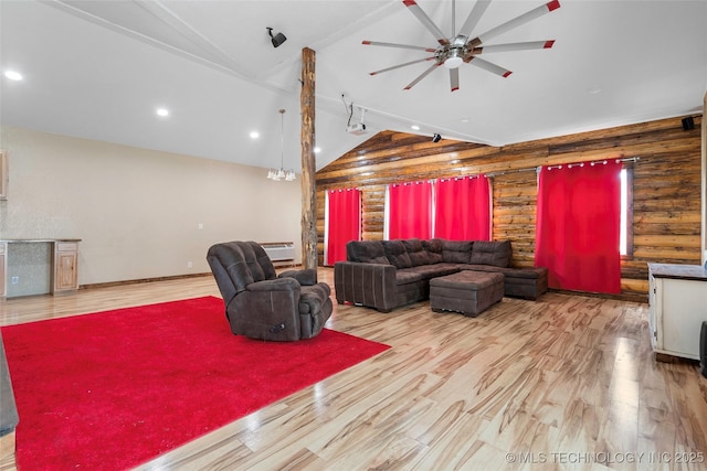 14820 Memorial, Wilson, OK 73463 - living area featuring a ceiling fan, wood finished floors, wooden walls, recessed lighting, and high vaulted ceiling
