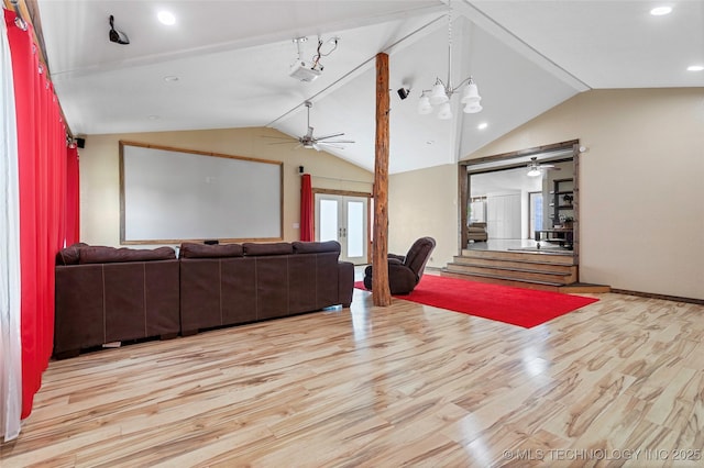 14820 Memorial, Wilson, OK 73463 - cinema with ceiling fan, lofted ceiling, wood finished floors, and recessed lighting