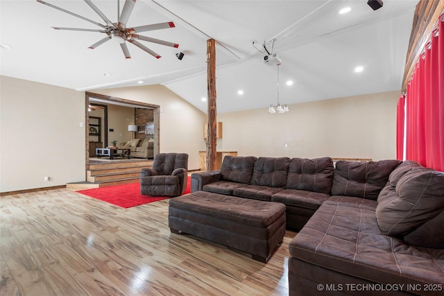 14820 Memorial, Wilson, OK 73463 - living area with wood finished floors, lofted ceiling, ceiling fan, and recessed lighting