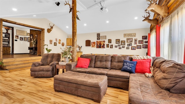 14820 Memorial, Wilson, OK 73463 - living room with lofted ceiling, light wood finished floors, and recessed lighting