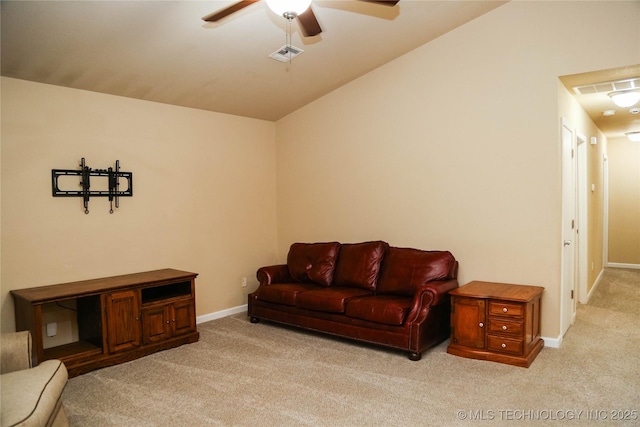 614 S Seminole St, Skiatook, OK 74070 - living room with light carpet, ceiling fan, and vaulted ceiling