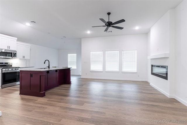 10917 S 271st E Ave, Coweta, OK 74429 - kitchen with appliances with stainless steel finishes, open floor plan, a ceiling fan, light wood-type flooring, and a glass covered fireplace
