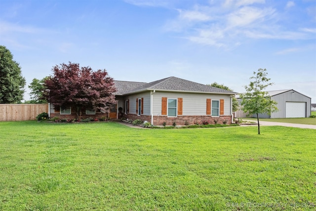 20672 E Kambrie St, Inola, OK 74036 - ranch-style house featuring a detached garage, brick siding, an outdoor structure, concrete driveway, and roof with shingles