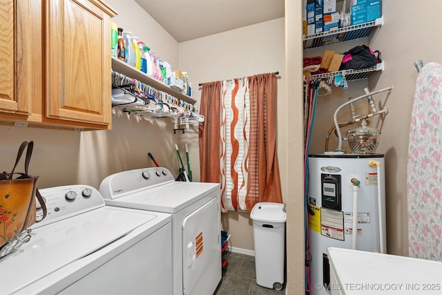 20672 E Kambrie St, Inola, OK 74036 - washroom featuring water heater, independent washer and dryer, cabinet space, and dark tile patterned floors