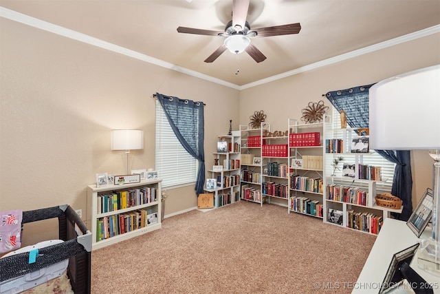 20672 E Kambrie St, Inola, OK 74036 - sitting room featuring carpet, a ceiling fan, and crown molding