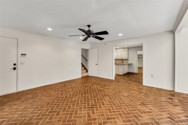 9916 S Quebec Ave, Tulsa, OK 74137 - spare room featuring crown molding, ceiling fan, recessed lighting, and stairs