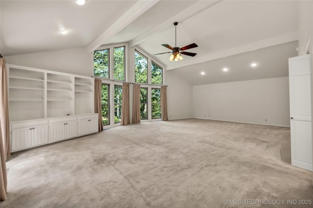 9916 S Quebec Ave, Tulsa, OK 74137 - unfurnished living room with a ceiling fan, light colored carpet, and recessed lighting