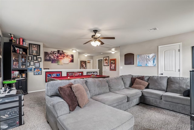 4661 E 148th St S, Bixby, OK 74008 - living room with carpet flooring, ceiling fan, and pool table