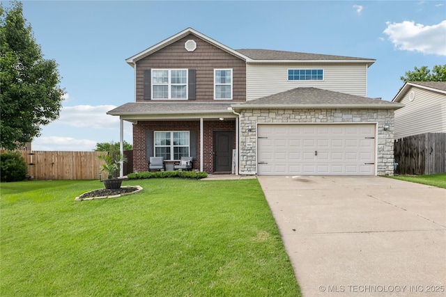 4661 E 148th St S, Bixby, OK 74008 - view of front of home featuring concrete driveway, an attached garage, a shingled roof, a porch, and stone siding