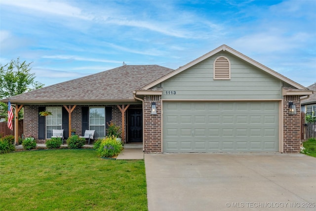 1113 S Spinnaker Dr, Oologah, OK 74053 - ranch-style house with brick siding, a garage, driveway, and a front lawn