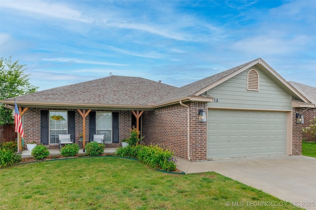 1113 S Spinnaker Dr, Oologah, OK 74053 - single story home featuring brick siding, an attached garage, covered porch, a front yard, and concrete driveway